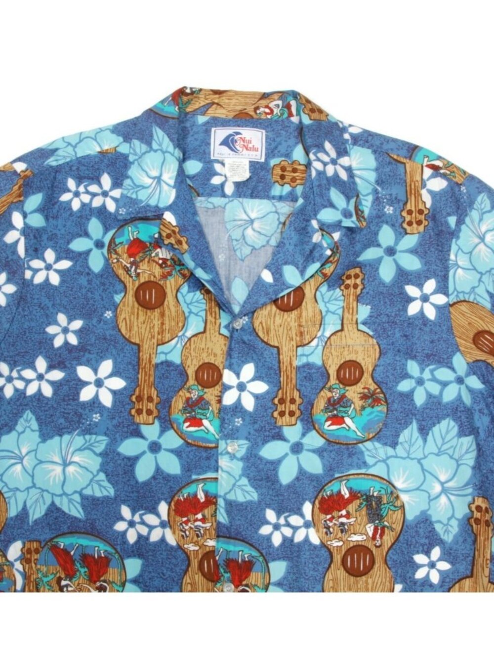 Vintage 80s Nui Nalu Hawaiian Ukulele Hula Girl Blue Mens Aloha Shirt sz XL /996